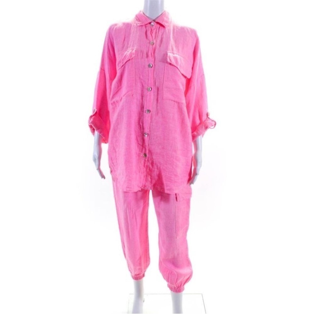 Alexandre Laurent Womens Linen Button Up Blouse Pants Set Neon Pink Size L
